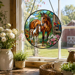Mare and foal with parrots stained glass suncatcher window hanging, suitable for home and garden decoration