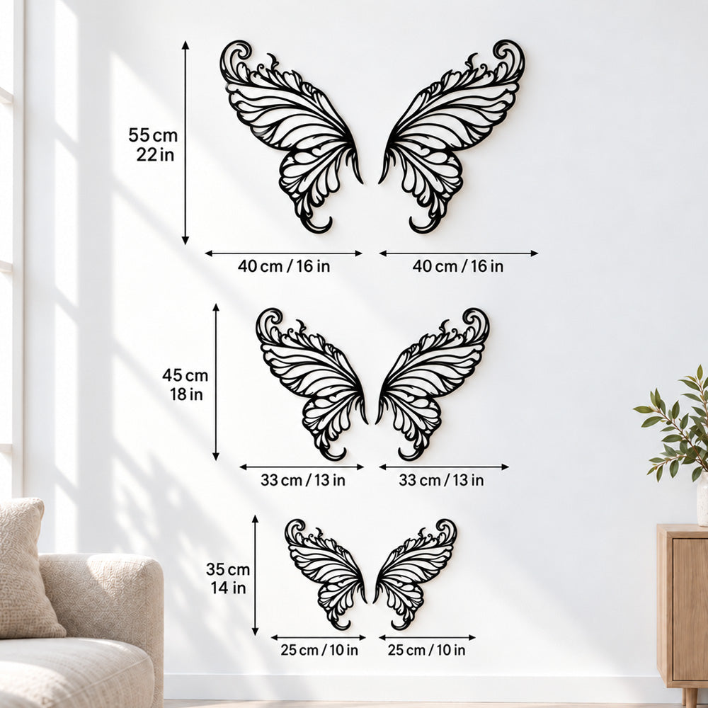 Black metal Elegant Butterfly wings wall art with intricate cutout details displayed on the wall