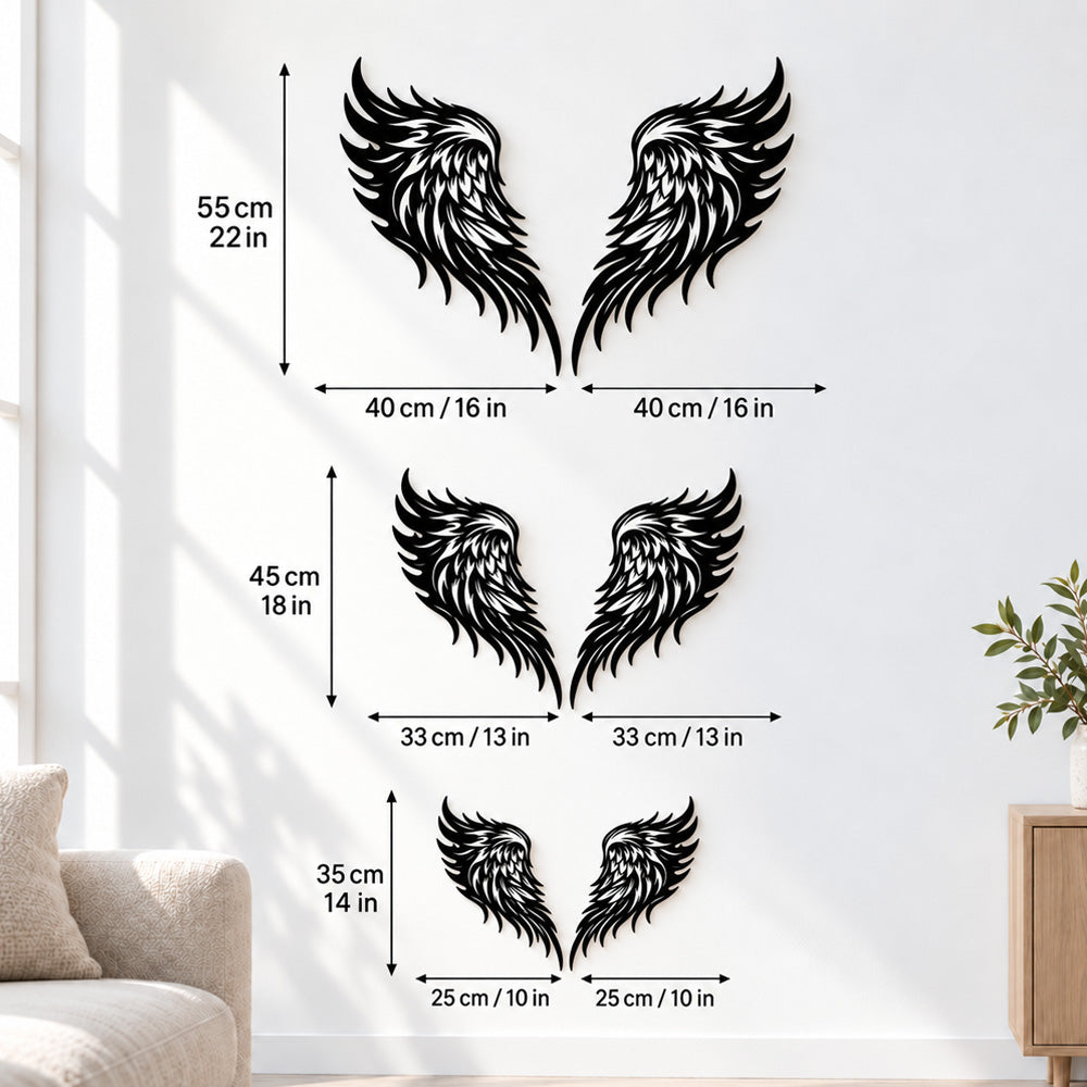 Black metal Flame Style Angel wings wall art with intricate cutout details displayed on the wall