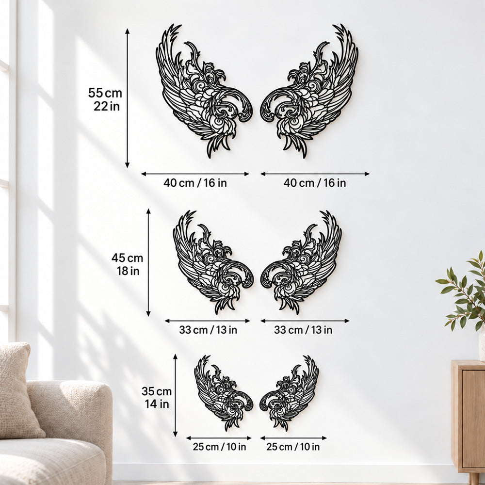 Black metal Mystic Phoenix wings wall art with intricate cutout details displayed on the wall