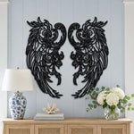 Black metal Mystic Phoenix wings wall art with intricate cutout details displayed on the wall