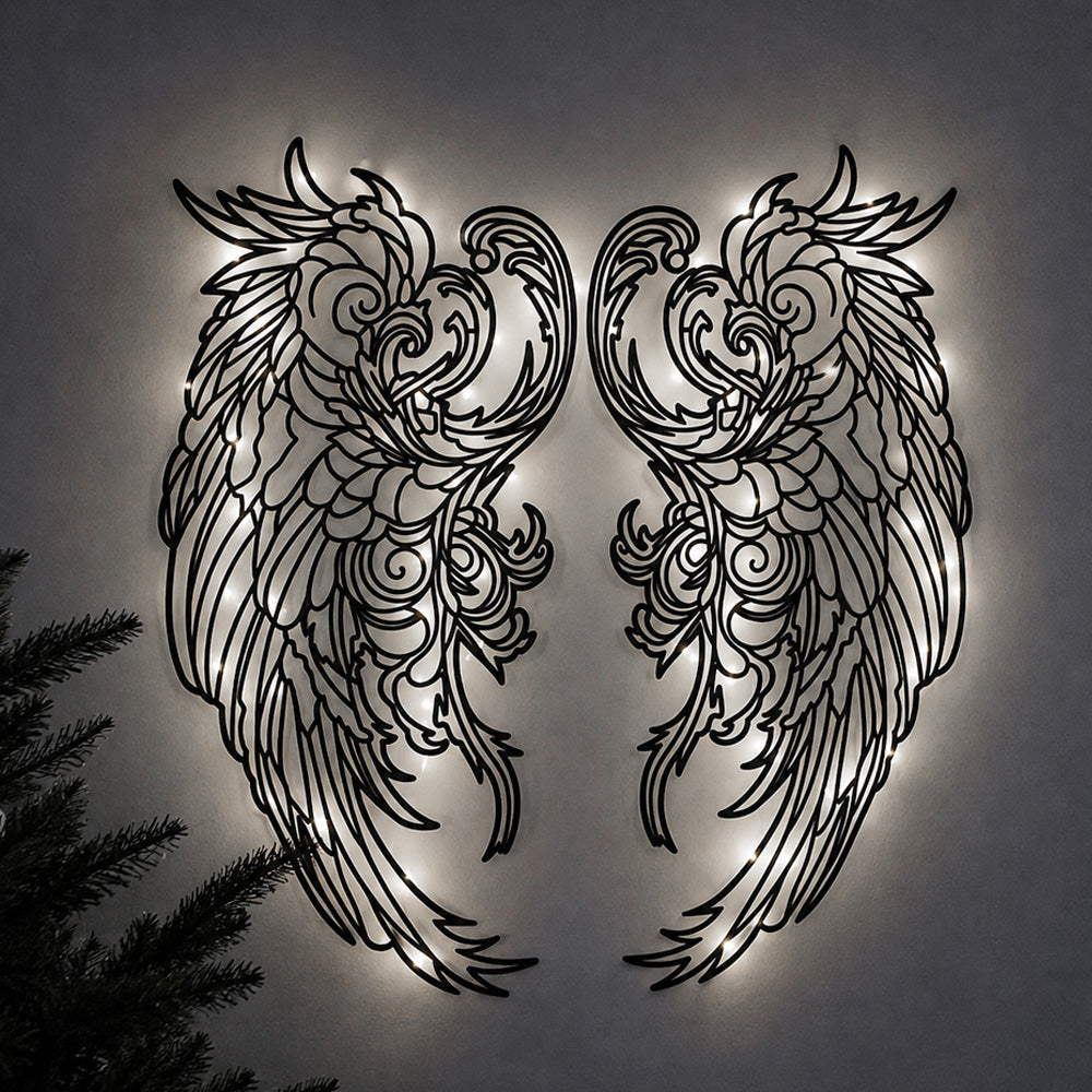 Black metal Mystic Phoenix wings wall art with Soft White LED Lighting displayed on the wall