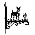Miniature pinscher metal hanging basket bracket mounted on outdoor wall for plant decoration