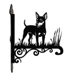 Miniature pinscher metal hanging basket bracket mounted on outdoor wall for plant decoration