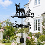 Miniature pinscher metal weather vane with directional arrows and mounting rod, outdoor roof and garden decoration