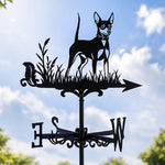 Miniature pinscher metal weather vane with directional arrows and mounting rod, outdoor roof and garden decoration 