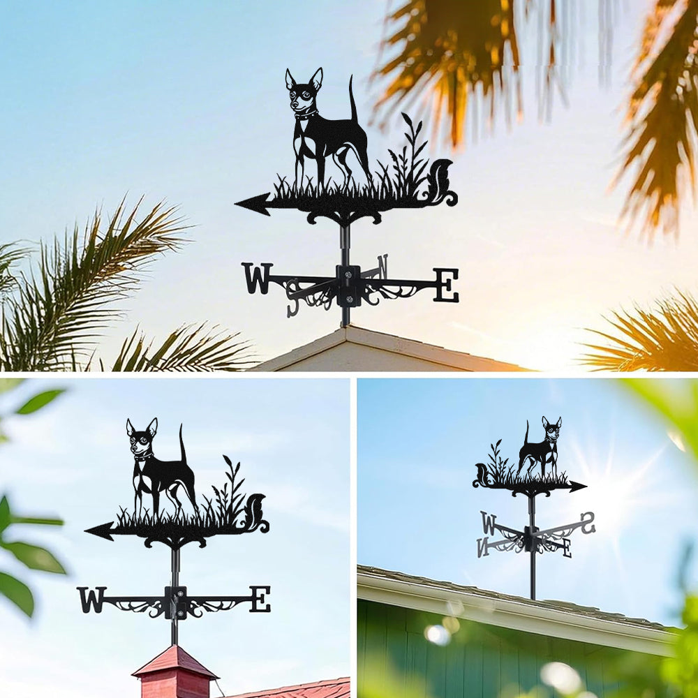 Miniature pinscher metal weather vane with directional arrows and mounting rod, outdoor roof and garden decoration 