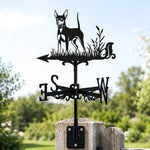 Miniature pinscher metal weather vane with directional arrows and mounting rod, outdoor roof and garden decoration 