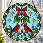 Mistletoe and cardinals stained glass suncatcher window hanging, suitable for home and garden decoration