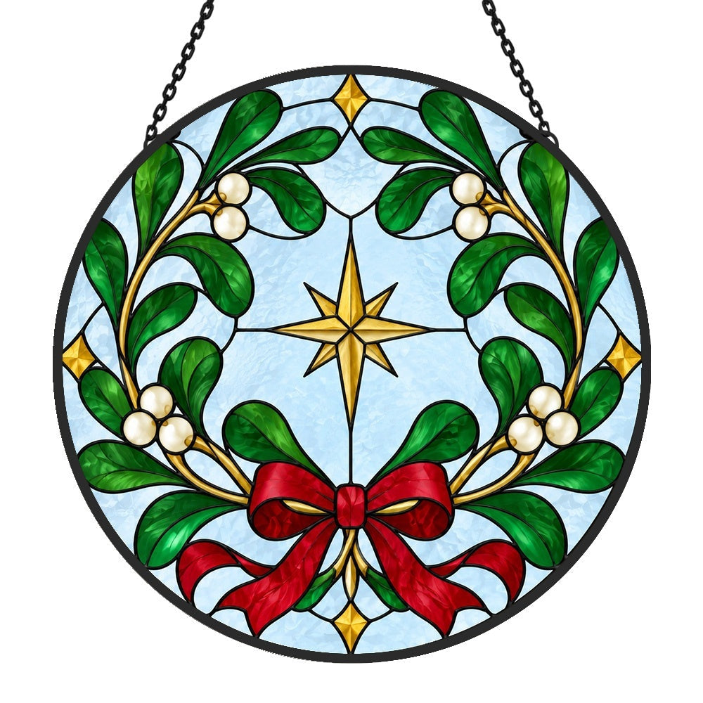 Mistletoe wreath stained glass suncatcher window hanging, suitable for home and garden decoration
