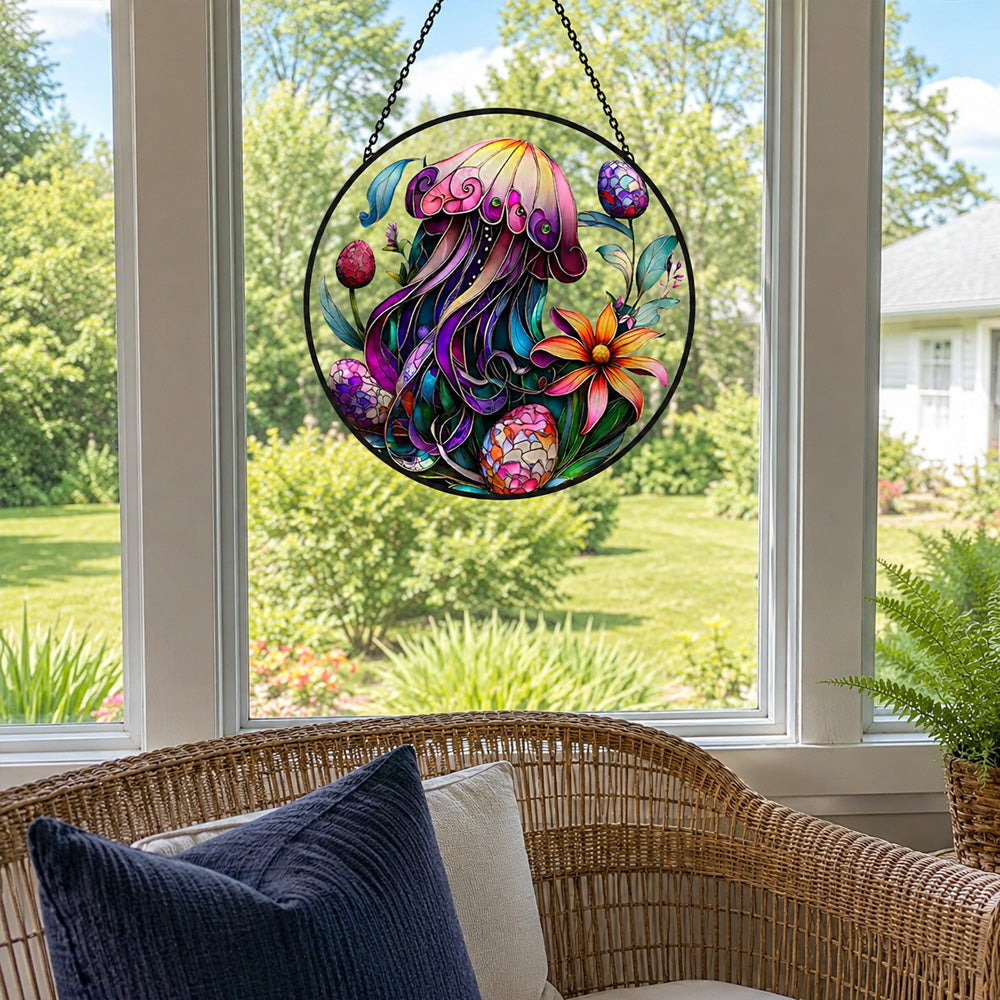 Mystical jellyfish ocean stained glass suncatcher window hanging, suitable for home and garden decoration
