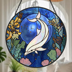 Mystical ocean moon dolphin stained glass suncatcher window hanging, suitable for home and garden decoration