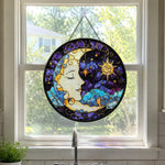 Mystical sun and moon face stained glass suncatcher window hanging, suitable for home and garden decoration