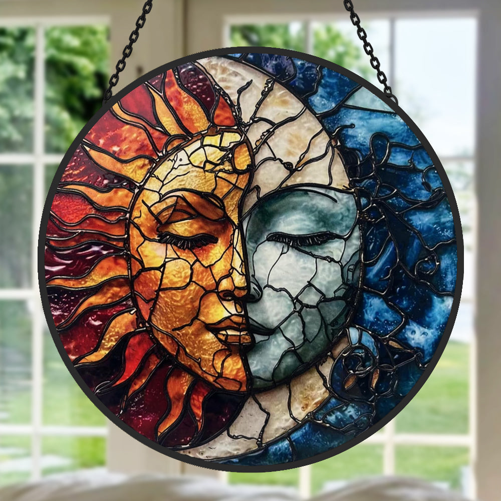 Mystical sun and moon face stained glass suncatcher window hanging, suitable for home and garden decoration