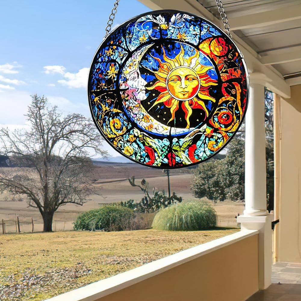 Mystical sun and moon stained glass suncatcher window hanging, suitable for home and garden decoration