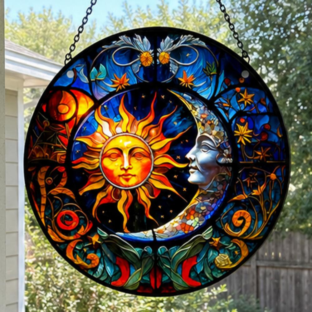 Mystical sun and moon stained glass suncatcher window hanging, suitable for home and garden decoration