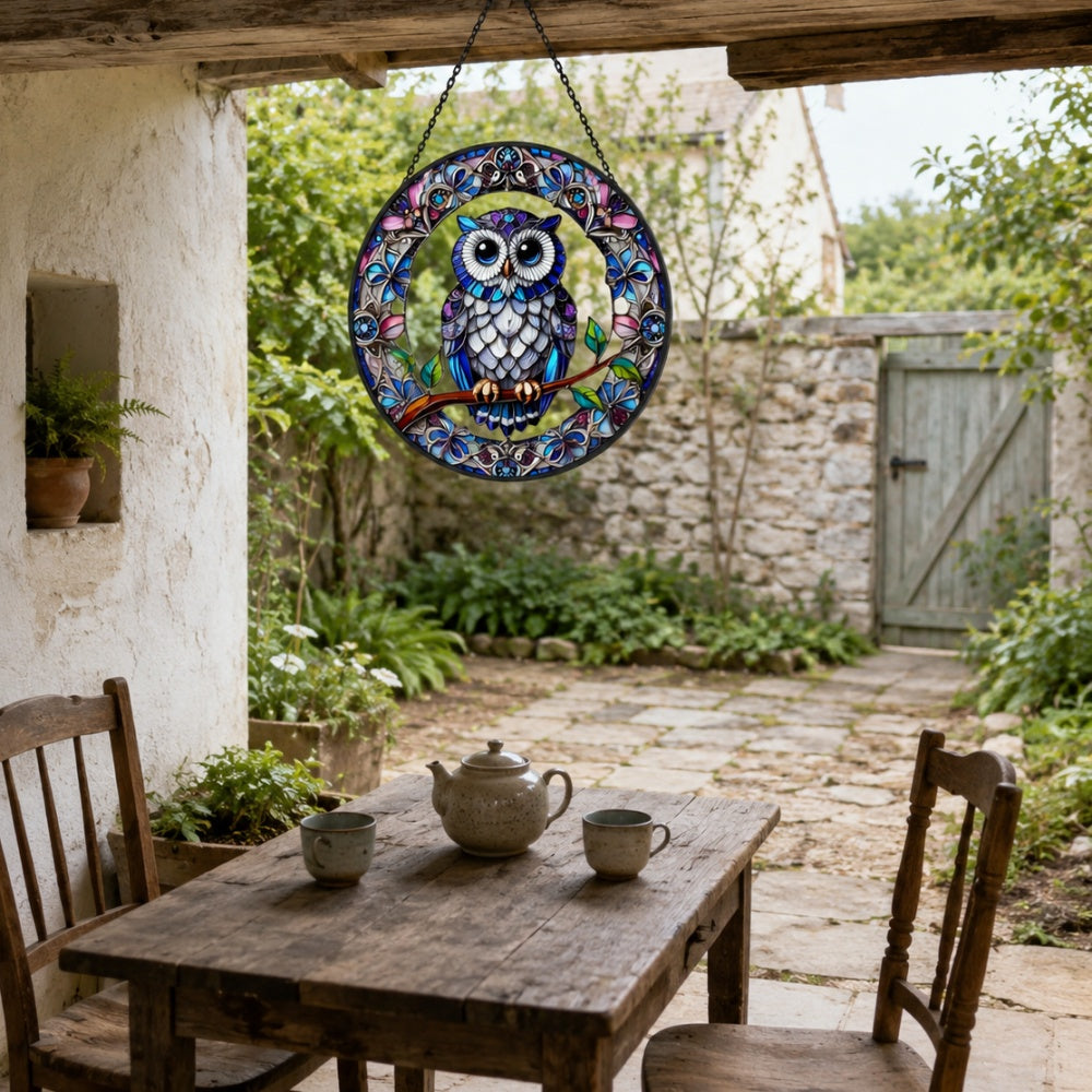 Mystical vibrant blue owl stained glass suncatcher window hanging, suitable for home and garden decoration