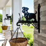 Norfolk terrier metal hanging basket bracket mounted on outdoor wall for plant decoration