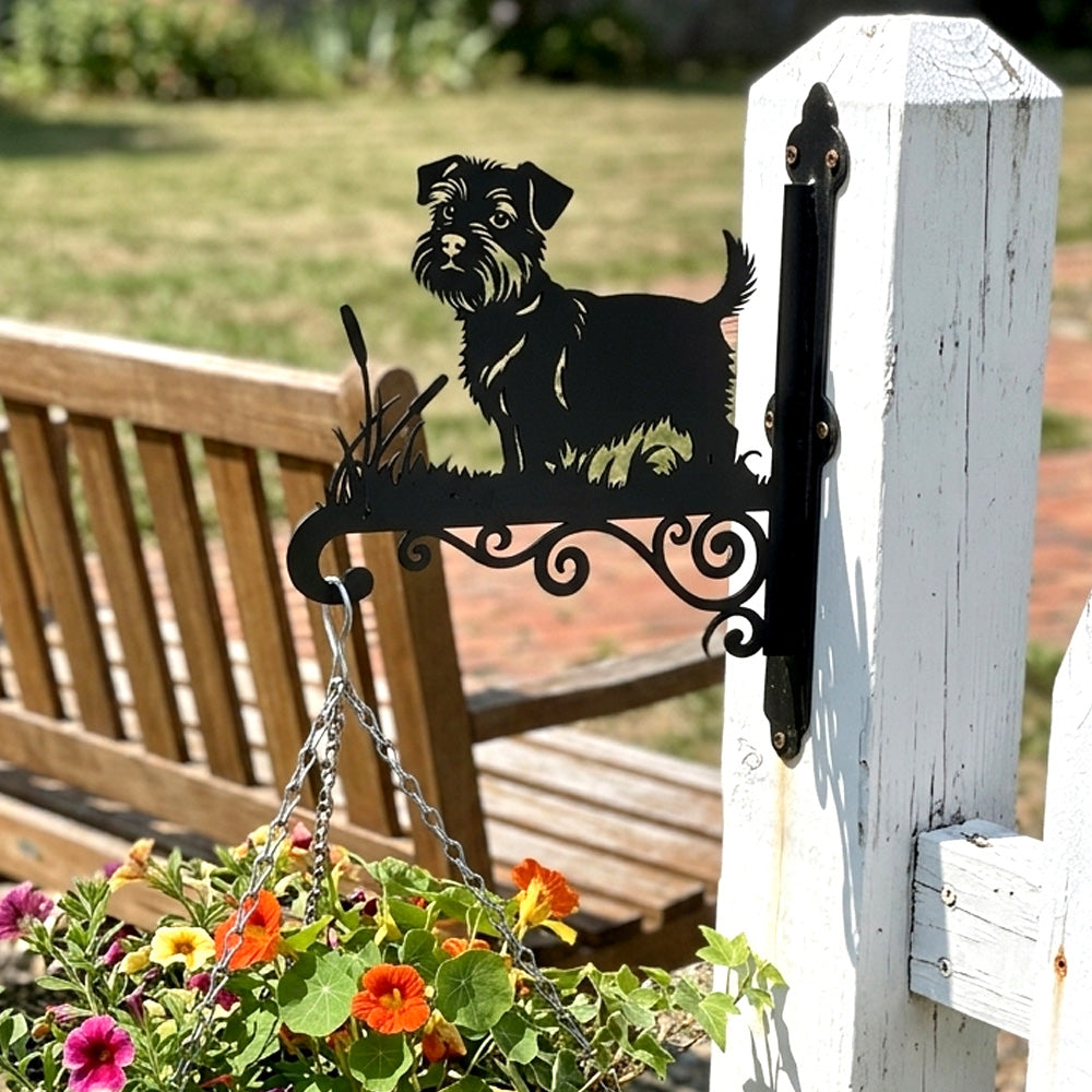 Norfolk terrier metal hanging basket bracket mounted on outdoor wall for plant decoration