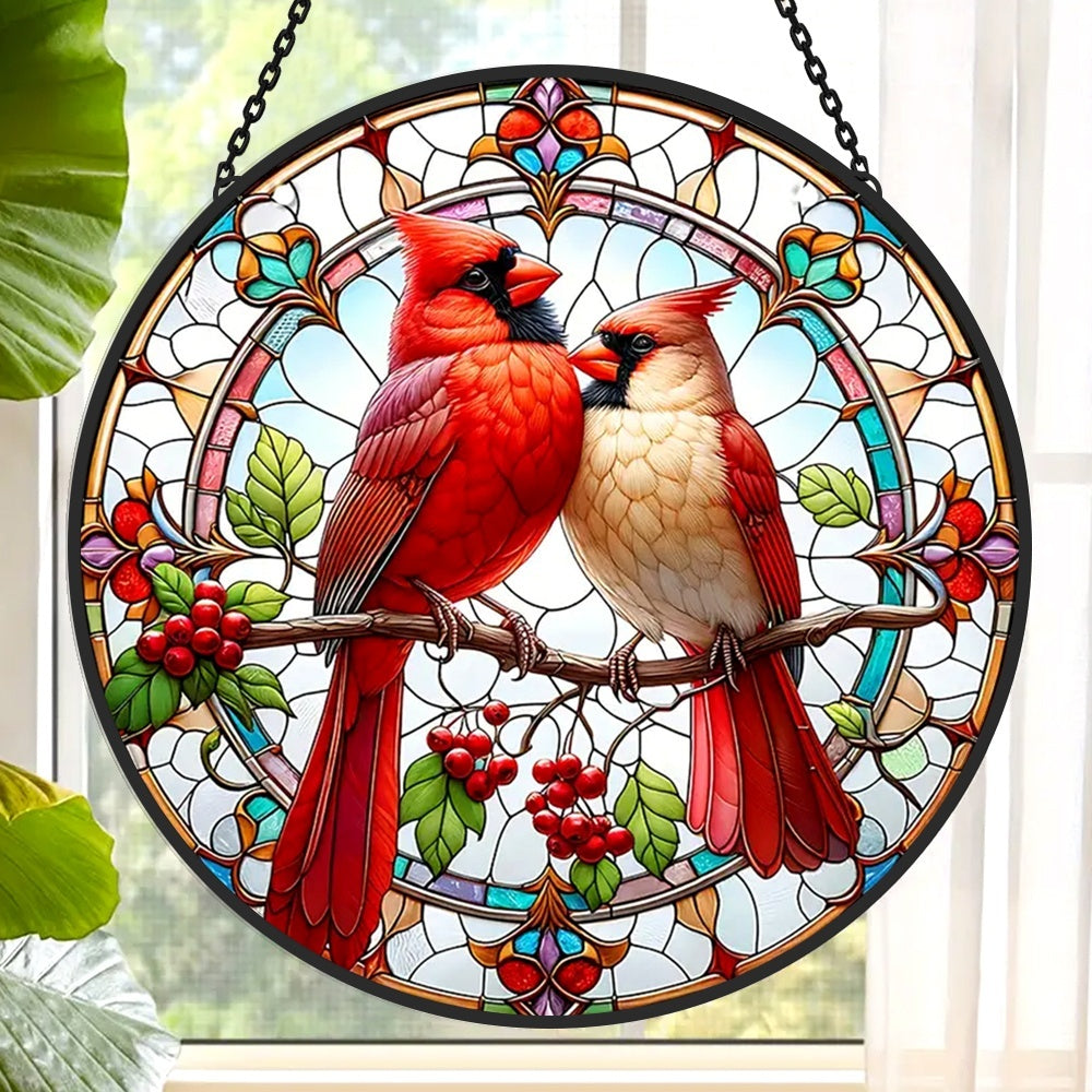 Northern cardinal couple stained glass suncatcher window hanging, suitable for home and garden decoration