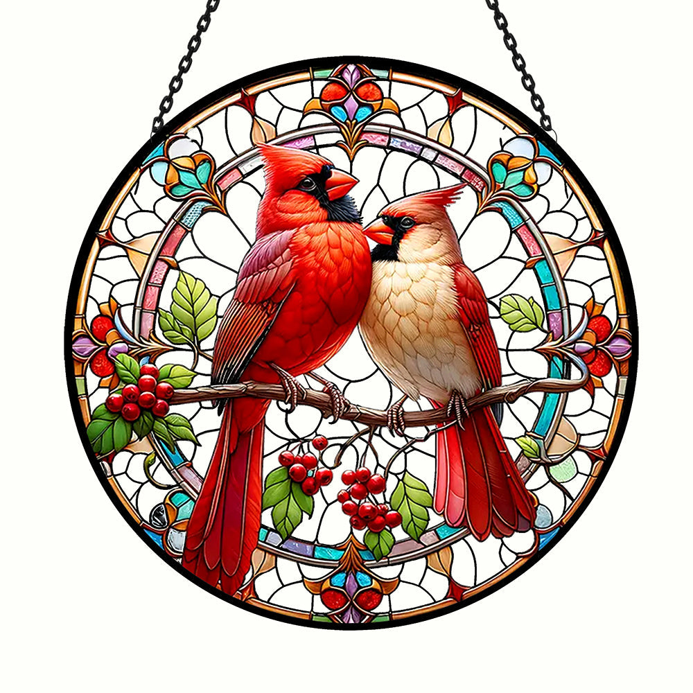 Northern cardinal couple stained glass suncatcher window hanging, suitable for home and garden decoration