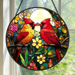 Northern cardinal couple with flower stained glass suncatcher window hanging, suitable for home and garden decoration