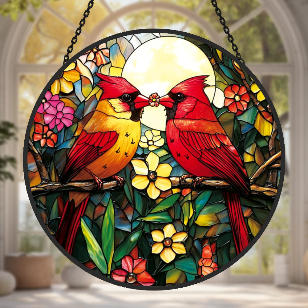 Northern cardinal couple with flower stained glass suncatcher window hanging, suitable for home and garden decoration