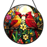 Northern cardinal couple with flower stained glass suncatcher window hanging, suitable for home and garden decoration