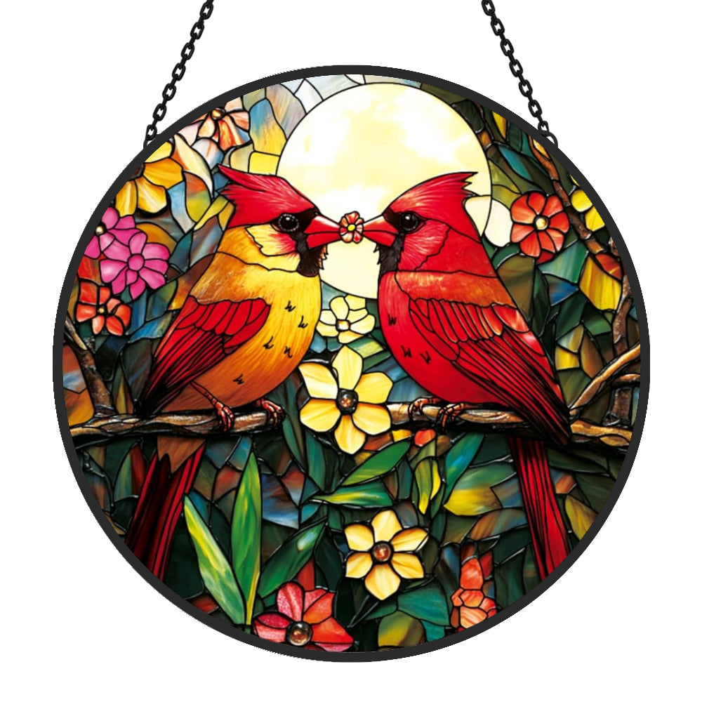 Northern cardinal couple with flower stained glass suncatcher window hanging, suitable for home and garden decoration