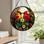 Northern cardinal couple with flower stained glass suncatcher window hanging, suitable for home and garden decoration