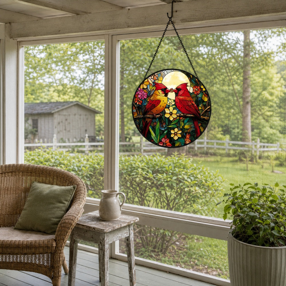Northern cardinal couple with flower stained glass suncatcher window hanging, suitable for home and garden decoration