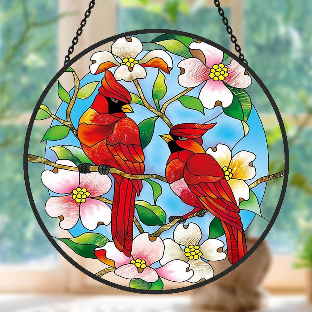 Northern cardinals with dogwood blossoms stained glass suncatcher window hanging, suitable for home and garden decoration