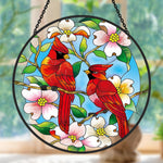 Northern cardinals with dogwood blossoms stained glass suncatcher window hanging, suitable for home and garden decoration