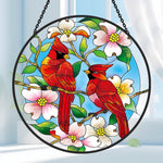 Northern cardinals with dogwood blossoms stained glass suncatcher window hanging, suitable for home and garden decoration