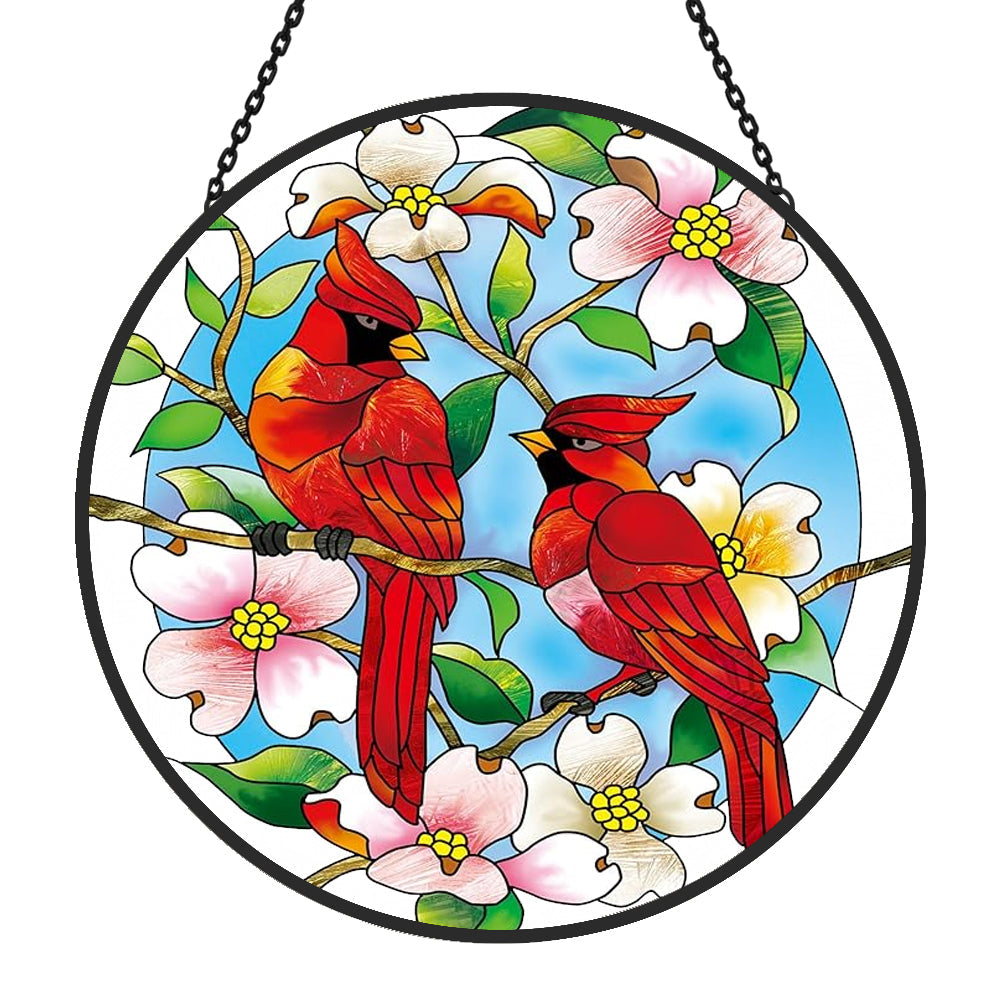 Northern cardinals with dogwood blossoms stained glass suncatcher window hanging, suitable for home and garden decoration 