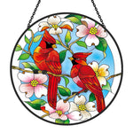Northern cardinals with dogwood blossoms stained glass suncatcher window hanging, suitable for home and garden decoration 