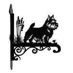 Norwich terrier metal hanging basket bracket mounted on outdoor wall for plant decoration