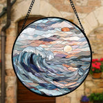 Ocean crashing wave sunset stained glass suncatcher window hanging, suitable for home and garden decoration