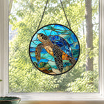 Ocean majesty swimming sea turtle stained glass suncatcher window hanging, suitable for home and garden decoration