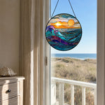 Ocean rolling waves sunset stained glass suncatcher window hanging, suitable for home and garden decoration