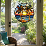 Ocean sunset palm tree stained glass suncatcher window hanging, suitable for home and garden decoration
