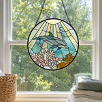 Ocean wave blue tulip dolphin stained glass suncatcher window hanging, suitable for home and garden decoration