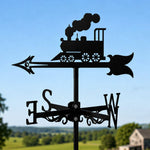 Old school locomotive metal weather vane with directional arrows and mounting rod, outdoor roof and garden decoration