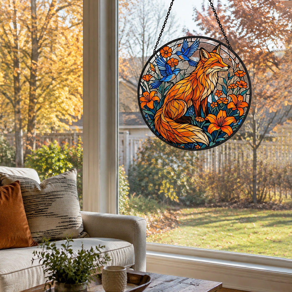 Orange lily garden fox with birds stained glass suncatcher window hanging, suitable for home and garden decoration