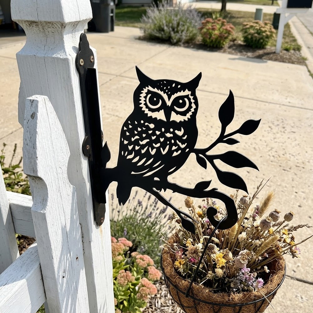 Owl branch metal hanging basket bracket mounted on outdoor wall for plant decoration
