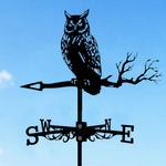 Owl on branch metal weather vane with directional arrows and mounting rod, outdoor roof and garden decoration
