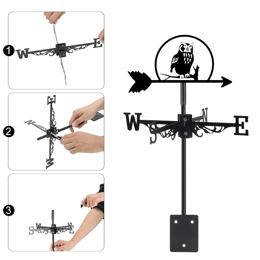 Owl on branch metal weather vane with directional arrows and mounting rod, outdoor roof and garden decoration