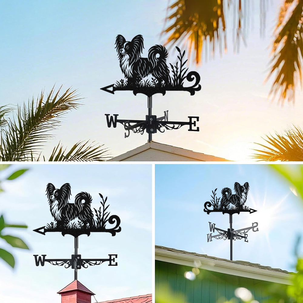 Papillon metal weather vane with directional arrows and mounting rod, outdoor roof and garden decoration