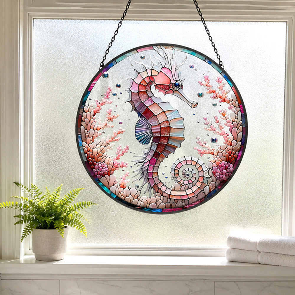 Pastel pink coral seahorse stained glass suncatcher window hanging, suitable for home and garden decoration