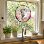 Pastel pink coral seahorse stained glass suncatcher window hanging, suitable for home and garden decoration
